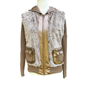 Bronze metallic vegan leather faux-fur jacket
